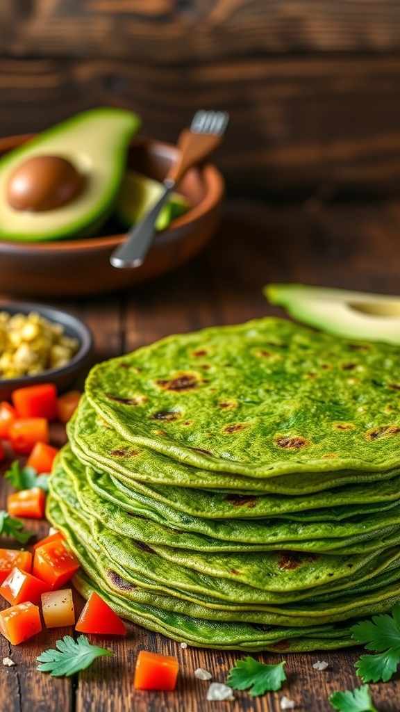 A stack of green quinoa spinach tortillas on a wooden table with toppings.